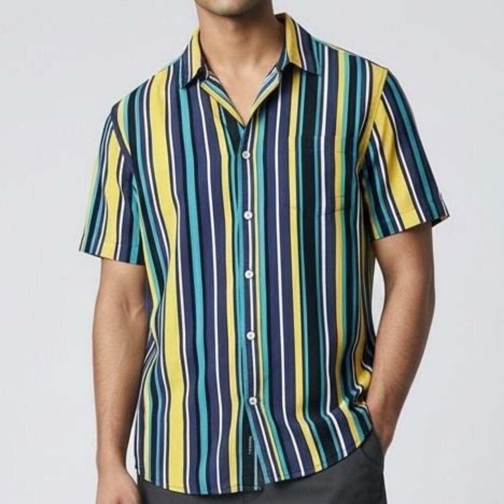 Rebel Star The Original Rebel Vertical Striped Short Sleeve Button Up Shirt